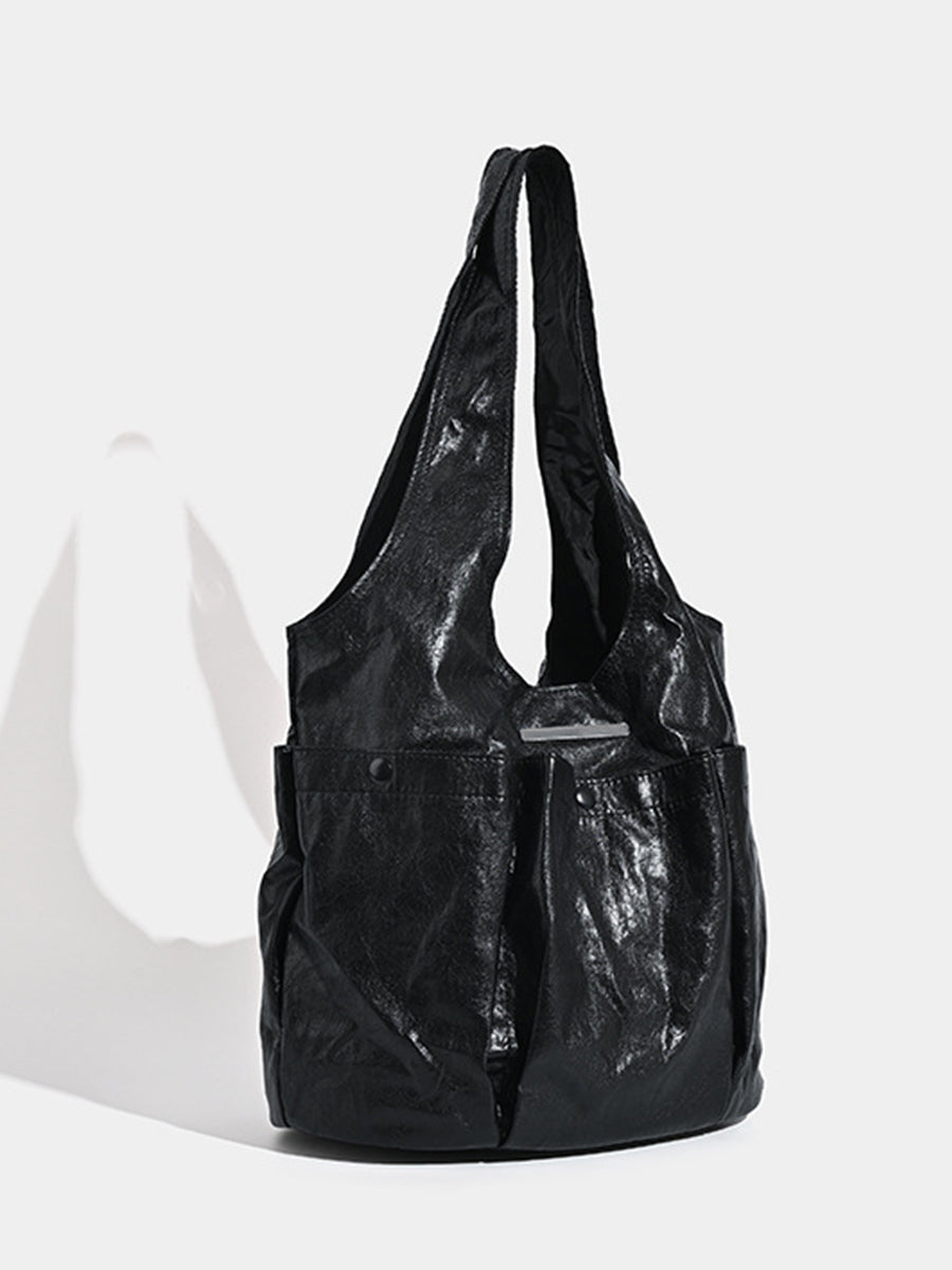 Fashion Black Crinkled PU Leather Multiple Pockets Magnetic Snap Tote Bag