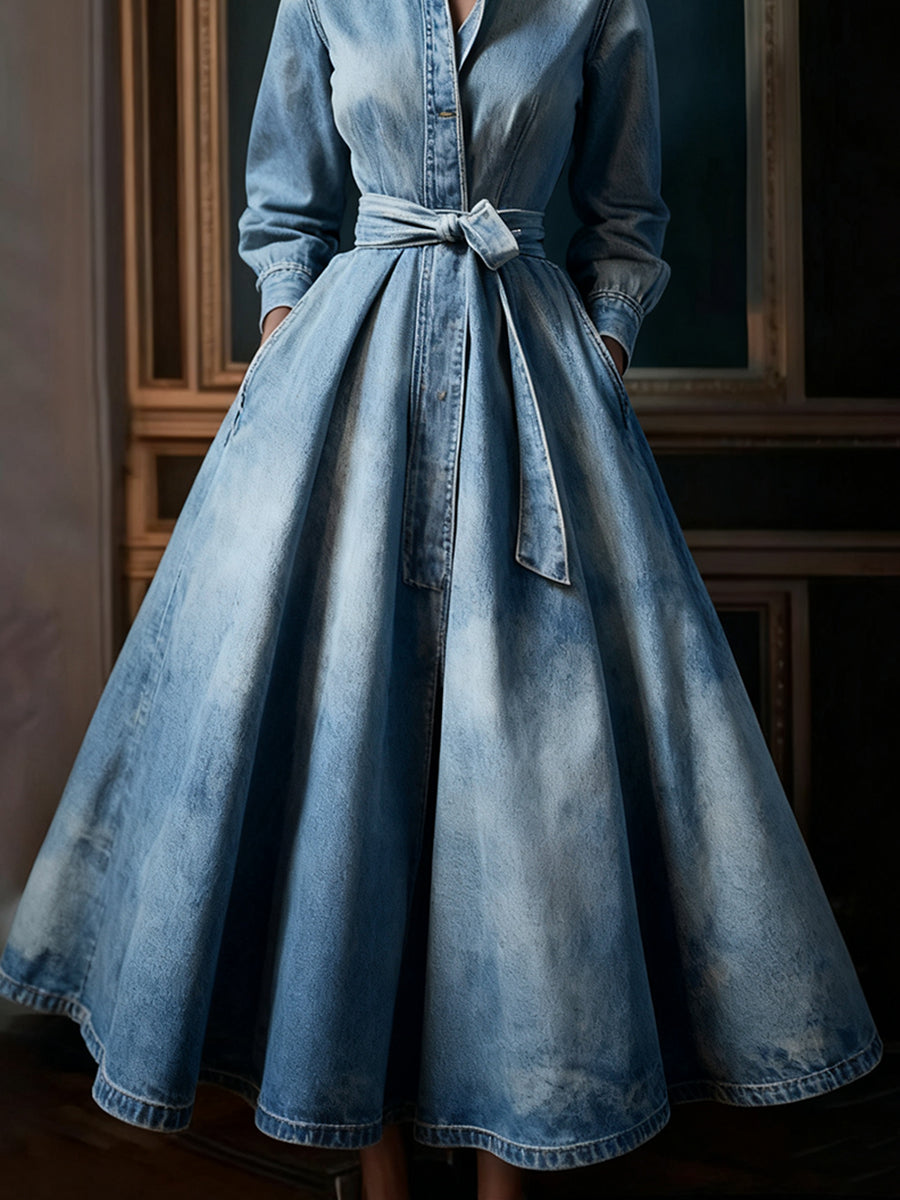 Ursiime Light Blue Denim Stand Collar Long Sleeve Pocket Pleated Belt Maxi Dress