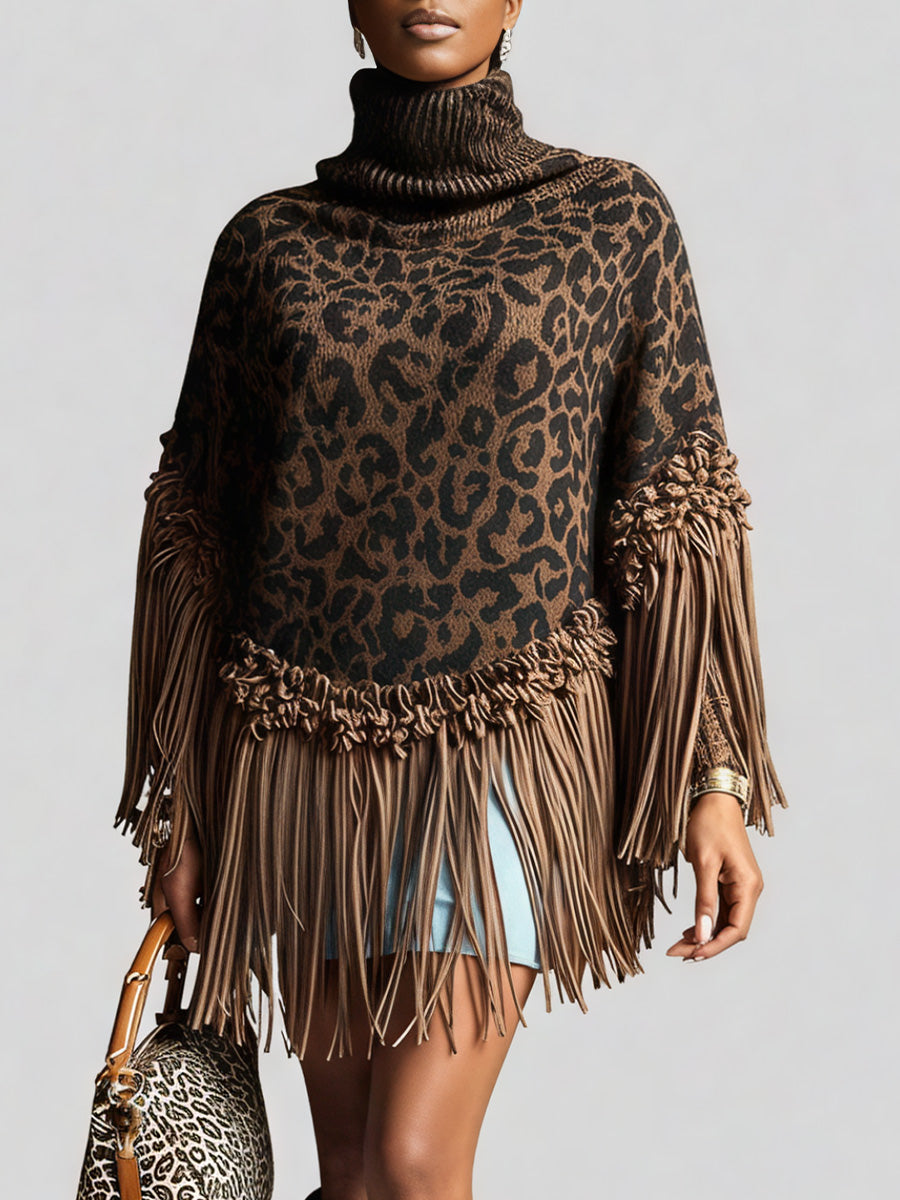 Ursiime Daily Brown Leopard High Collar Strappy Casual Crochet Sweaters [Pre-Order]