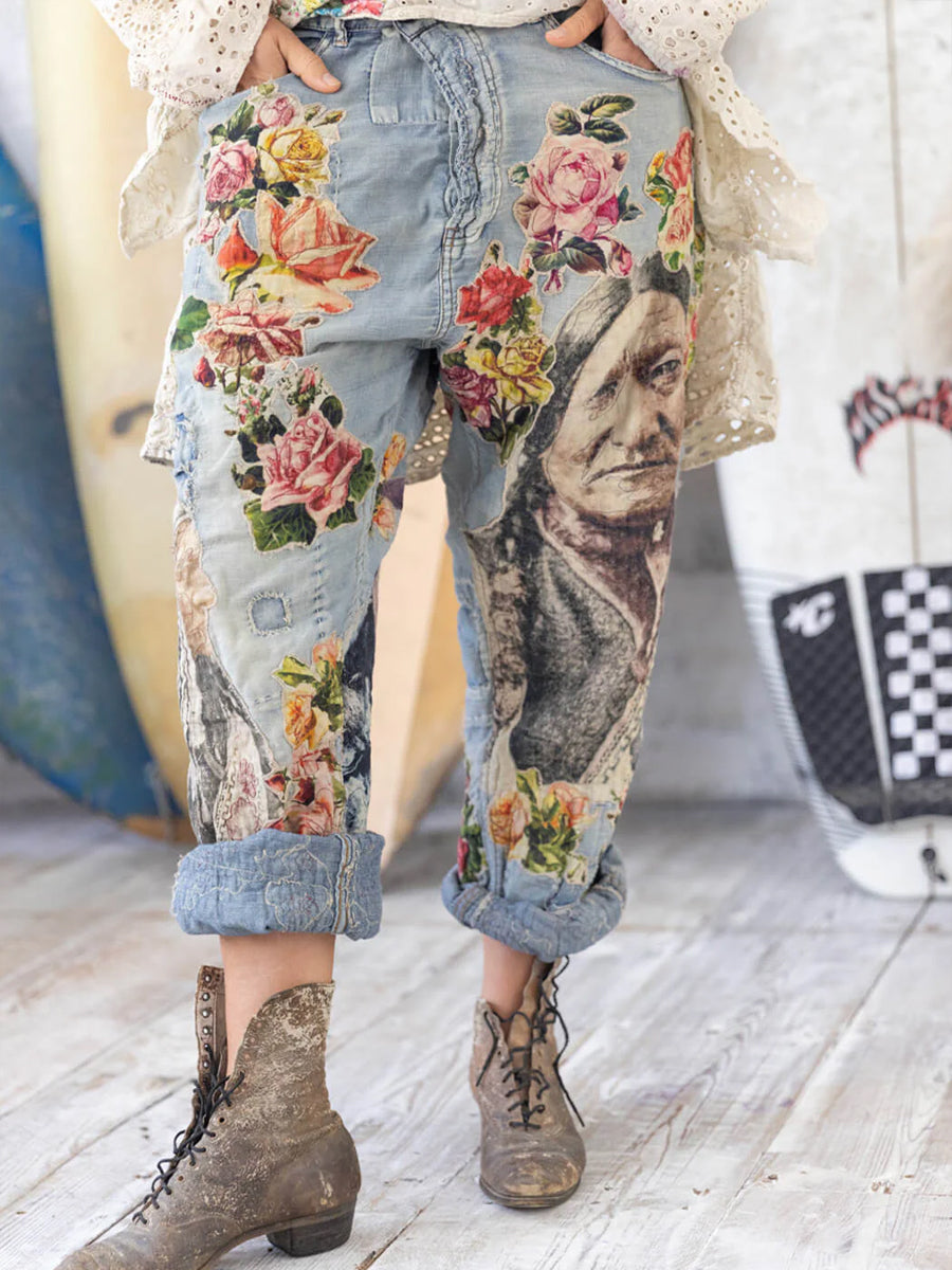 Denim Floral Character Patterns Patchwork Straight Leg Jeans