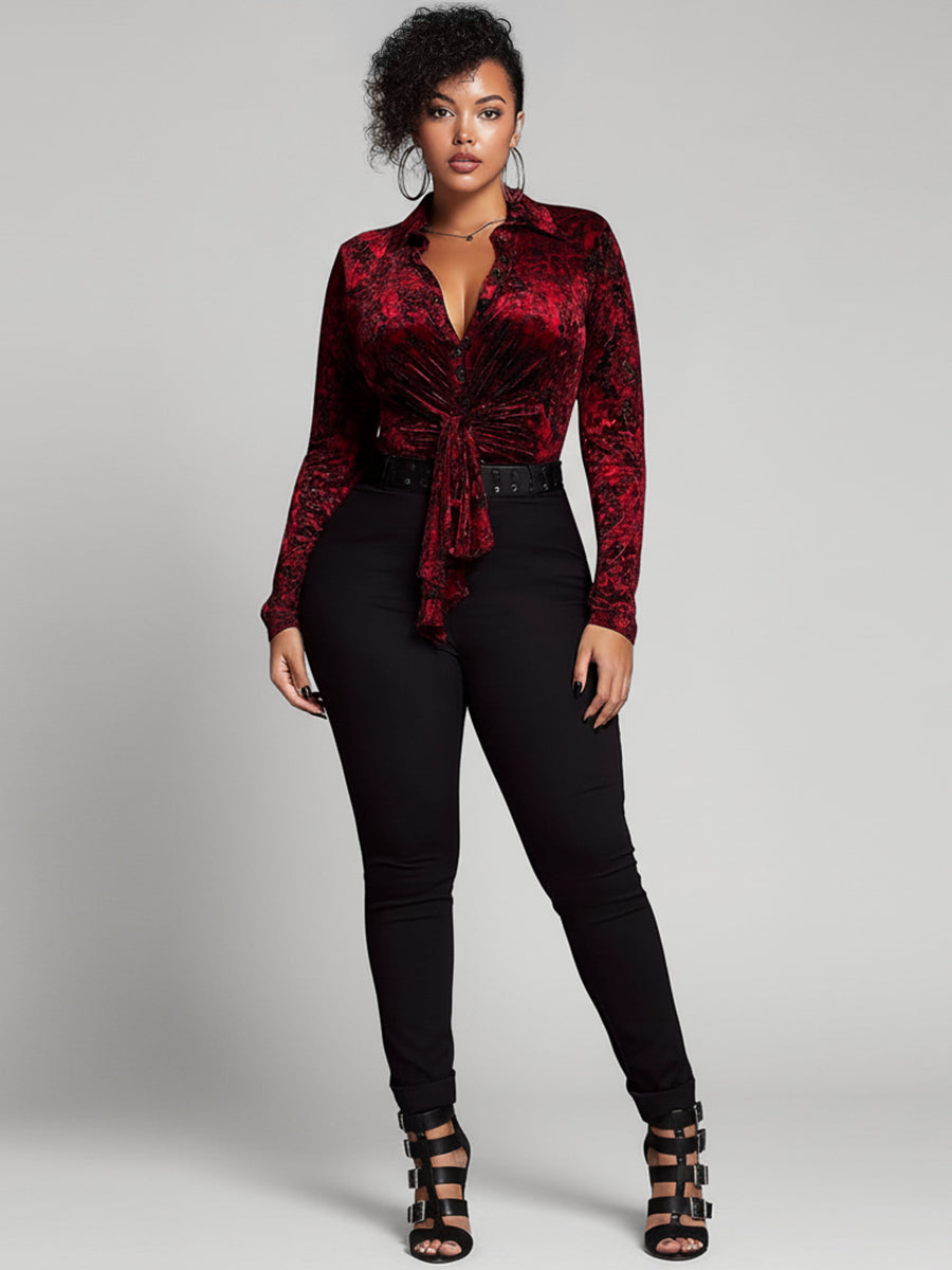 Ursiime Daily Burgundy Shirt Collar Long Sleeve Wrap Casual Button Short Velvet Blouses