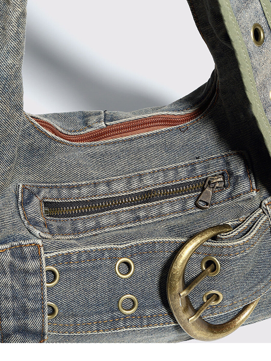 Fashion Distressed Denim Buckle Belt Decor Hobo Bag