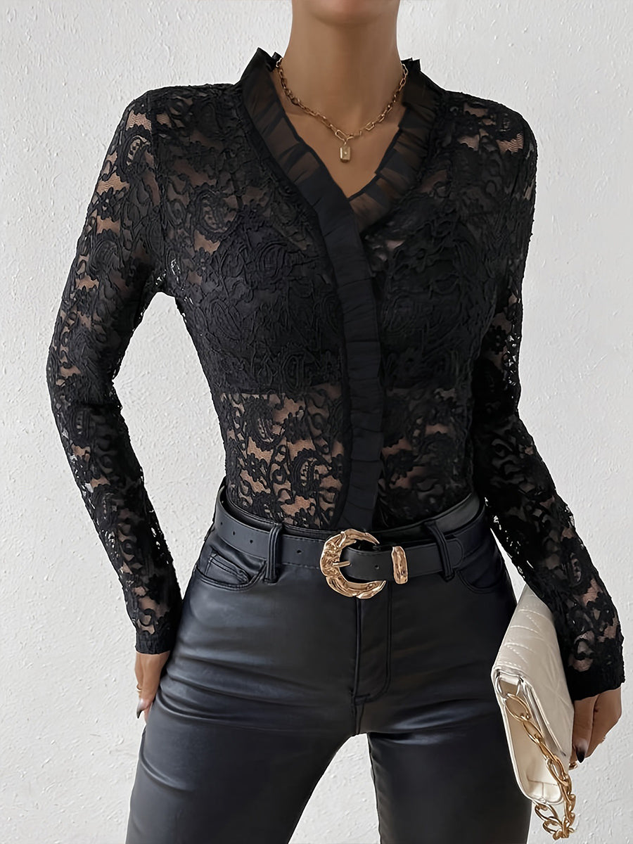Elegant White See-Through Paisley Floral Lace Ruffled V Neck Long Sleeve Blouse