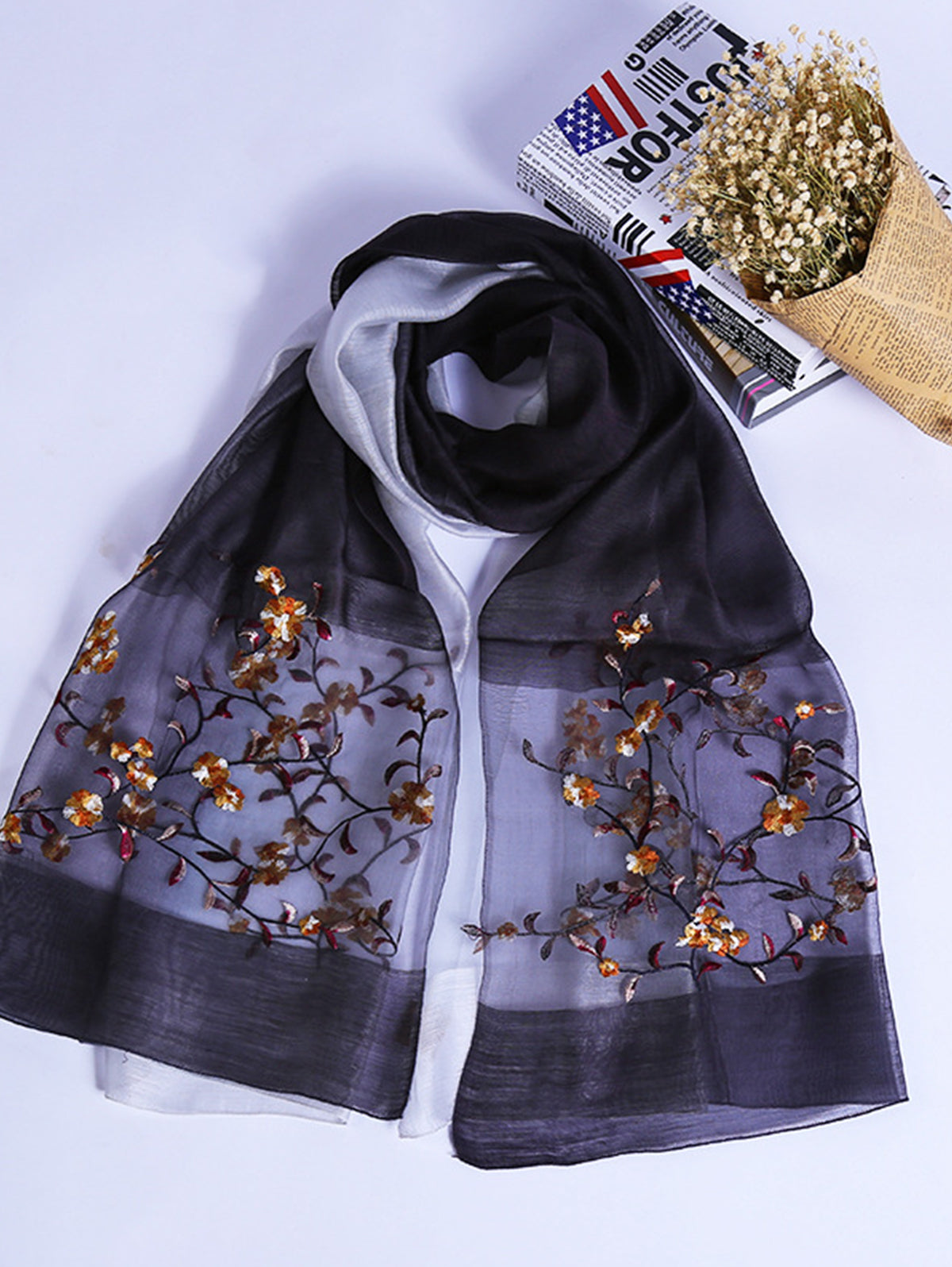 Daily Silk Gradient Floral Embroidery Rectangular Scarf