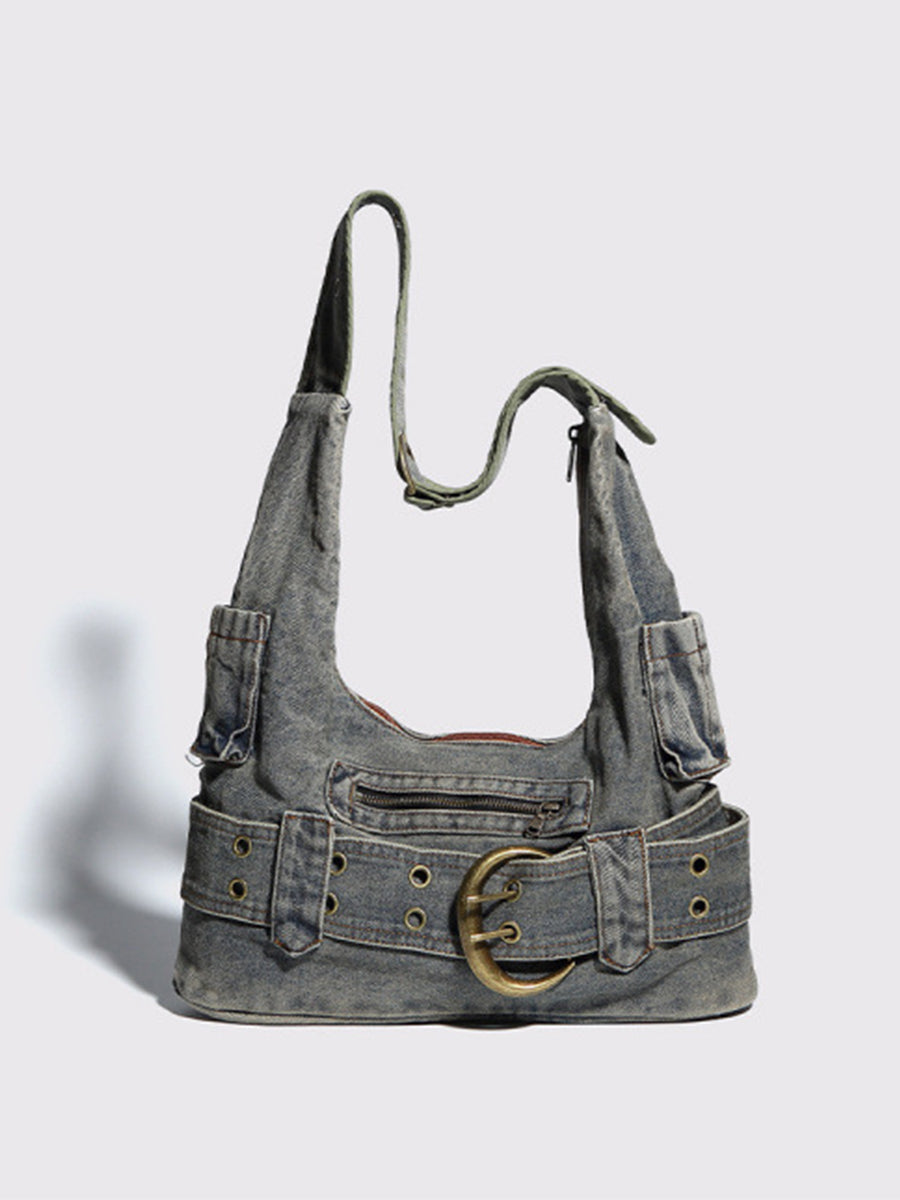 Fashion Distressed Denim Buckle Belt Decor Hobo Bag