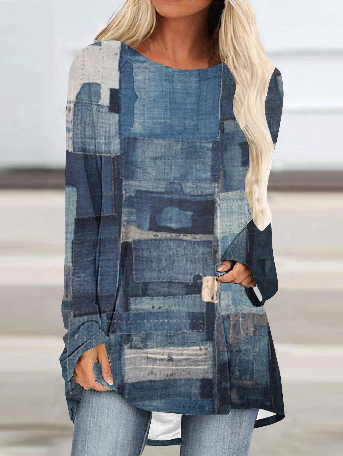 Crew Neck Long Sleeve Denim Pattern Mid-length Blouse