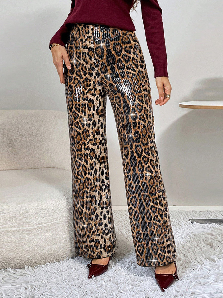 Party Metallic Brown Leopard Sequin Elegant Sequin Pants