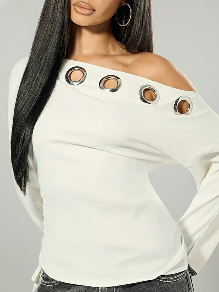 Ursiime Daily White Oblique Collar Long Sleeve Cut Out Casual Short Blouses