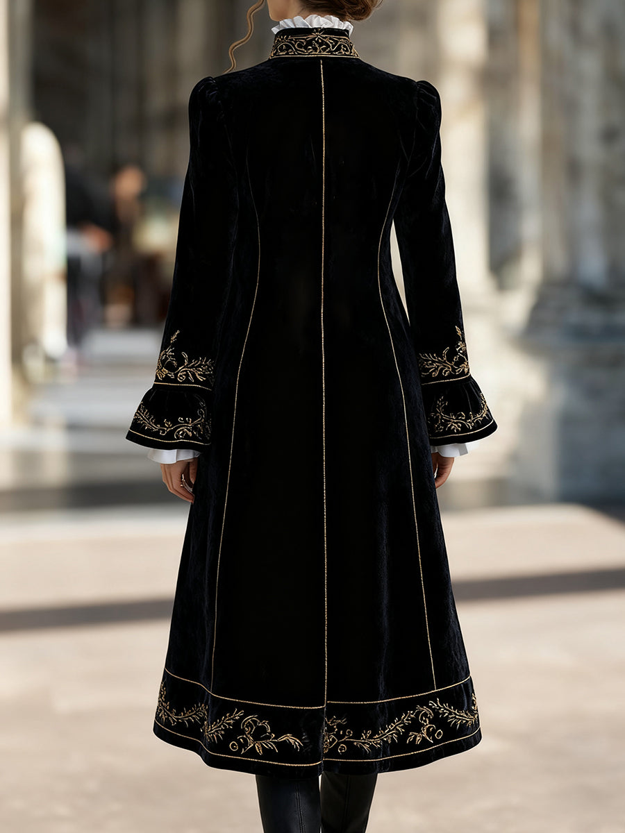 Ursiime Vintage Black Velvet Floral Embroidery Flare Sleeve Long Coat