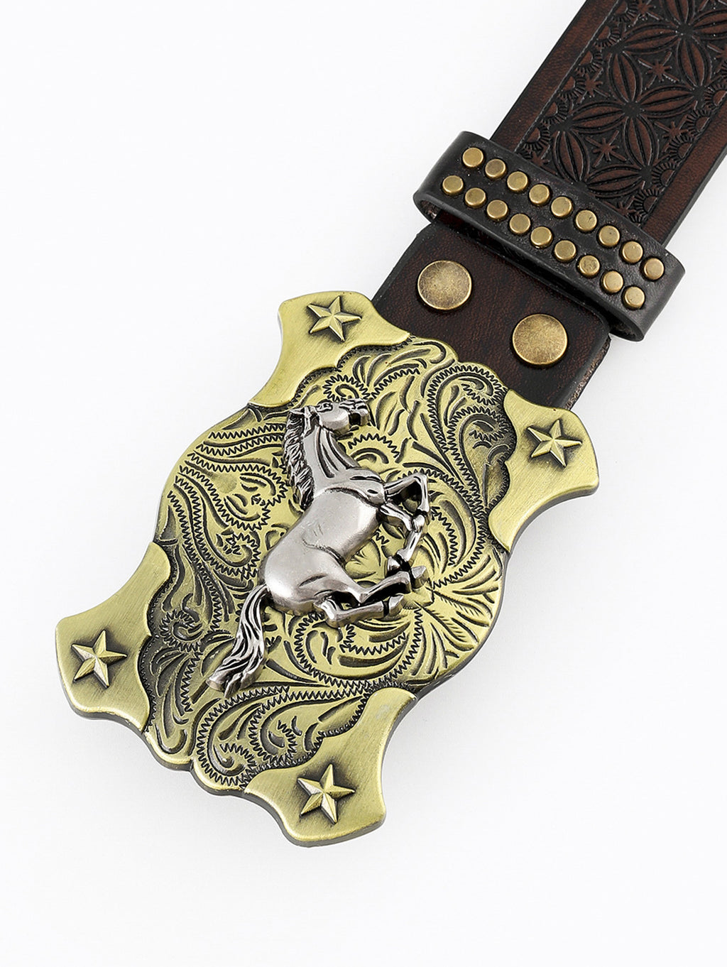 Western Metal Bull Head Beaded Embossed PU Leather Belt