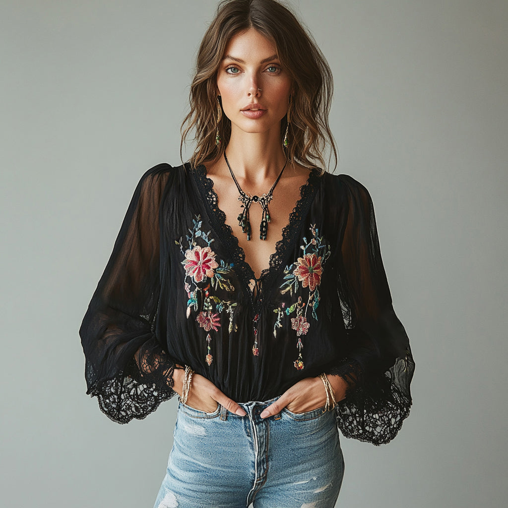 Ursiime V Neck Floral Embroidery Lace Long Sleeve Blouse