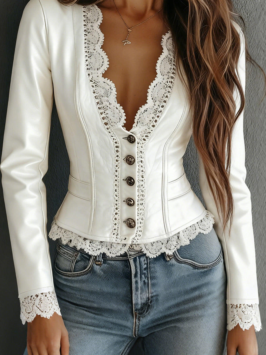 Ursiime Vintage White PU Leather Lace Trim Deep V Neck Button Long Sleeve Cropped Jacket