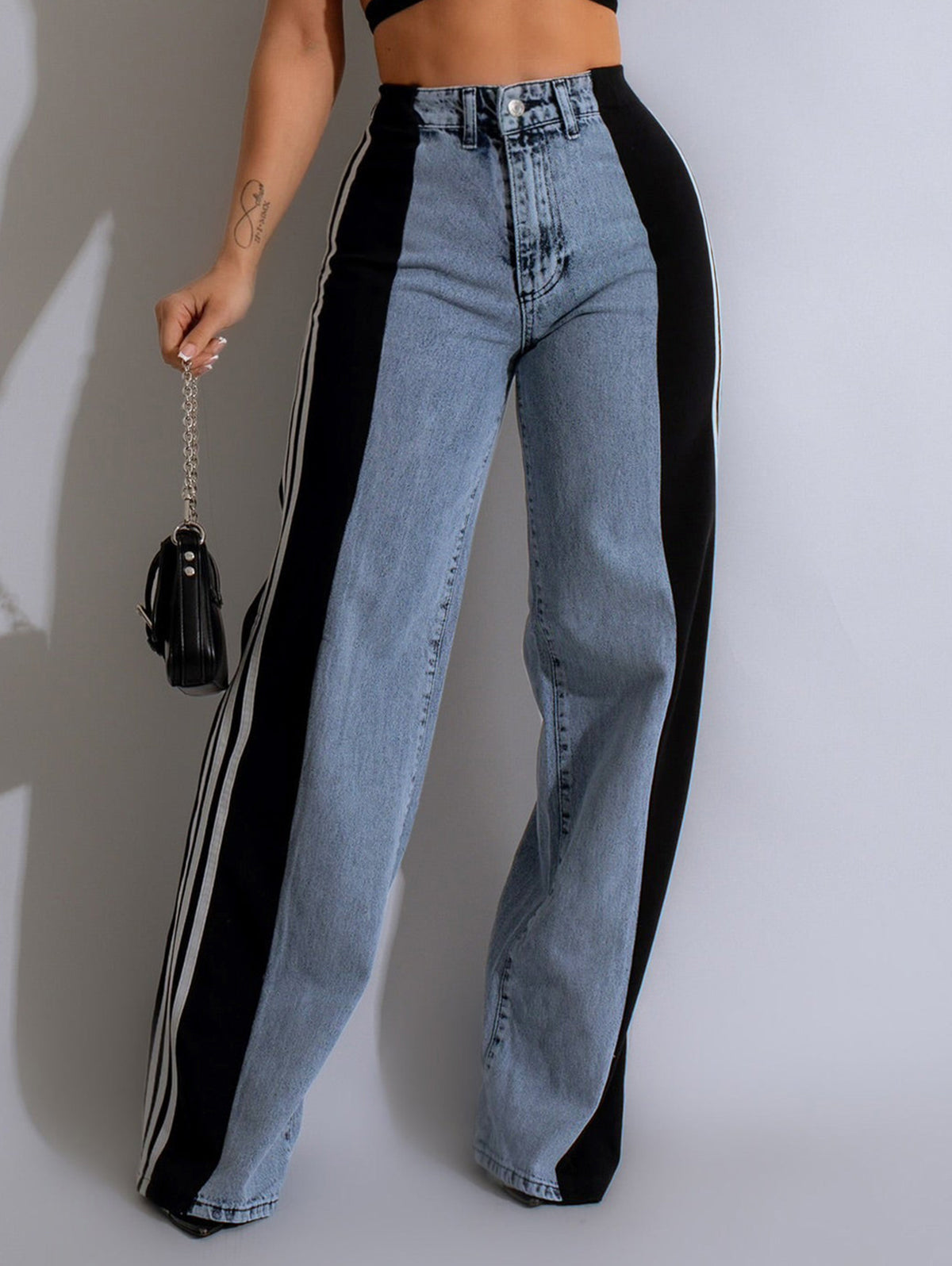 Fashion Stripe Patchwork High Rise Straight Leg Denim Jeans