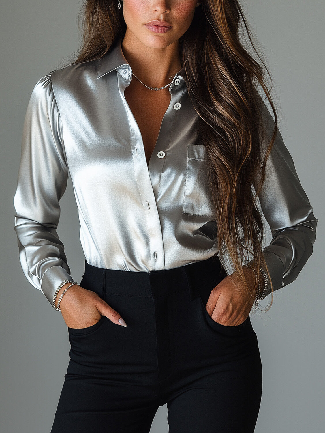 Ursiime Satin Shirt Collar Button Long Sleeve Chest Pocket Blouse