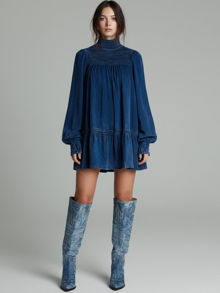 Ursiime Daily Blue Mock Neck Lantern Sleeve Long Sleeve Smocking Casual Denim Mini Dresses