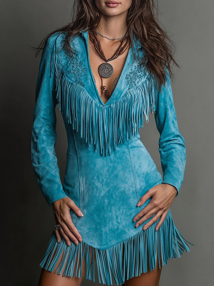 Ursiime Daily Blue V Neck Long Sleeve Strappy Western Embroidery Chamois Mini Dresses [Pre-Order]