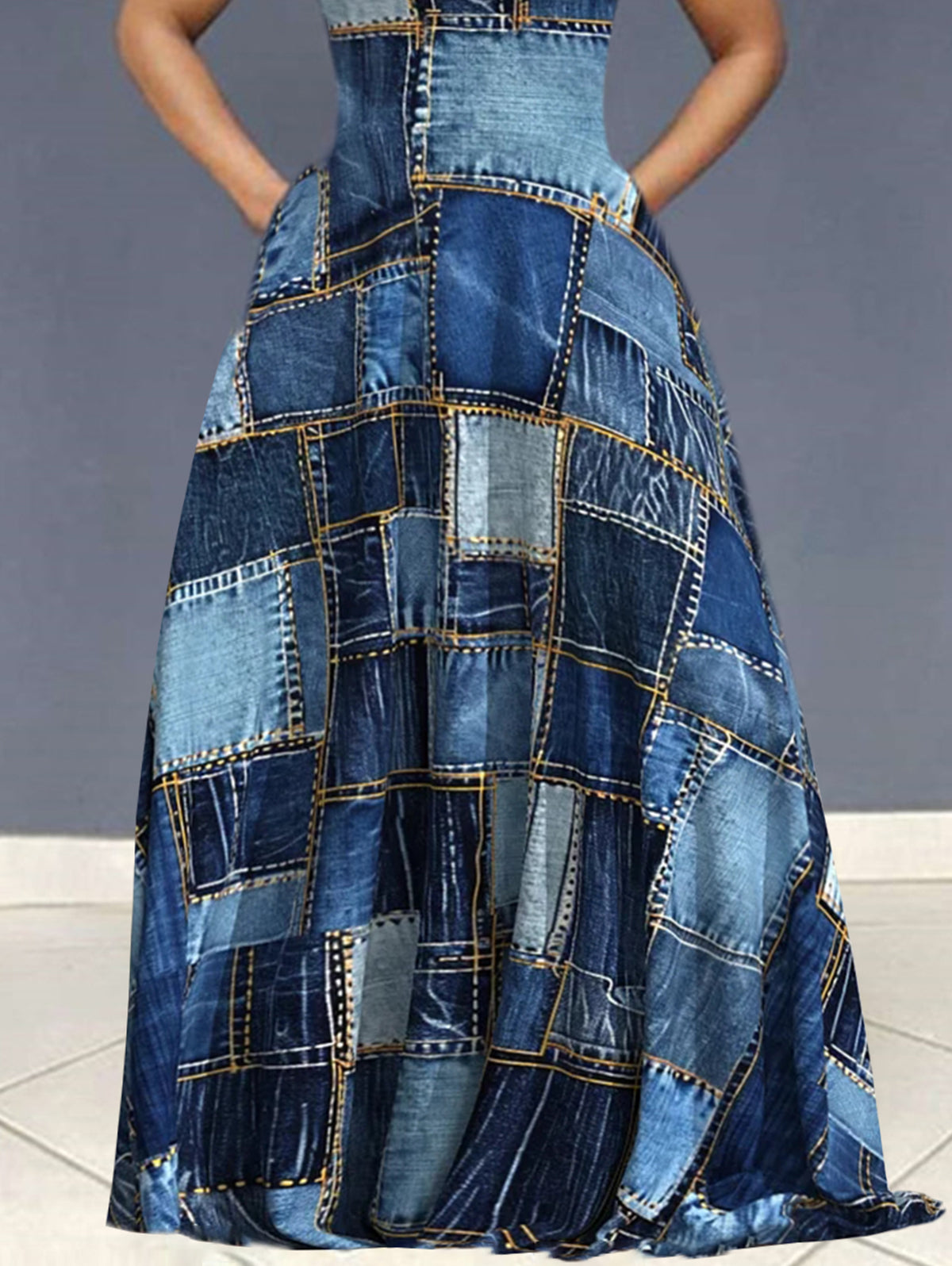 Ursiime Denim Allover Pattern V Neck Sleeveless Maxi Dress