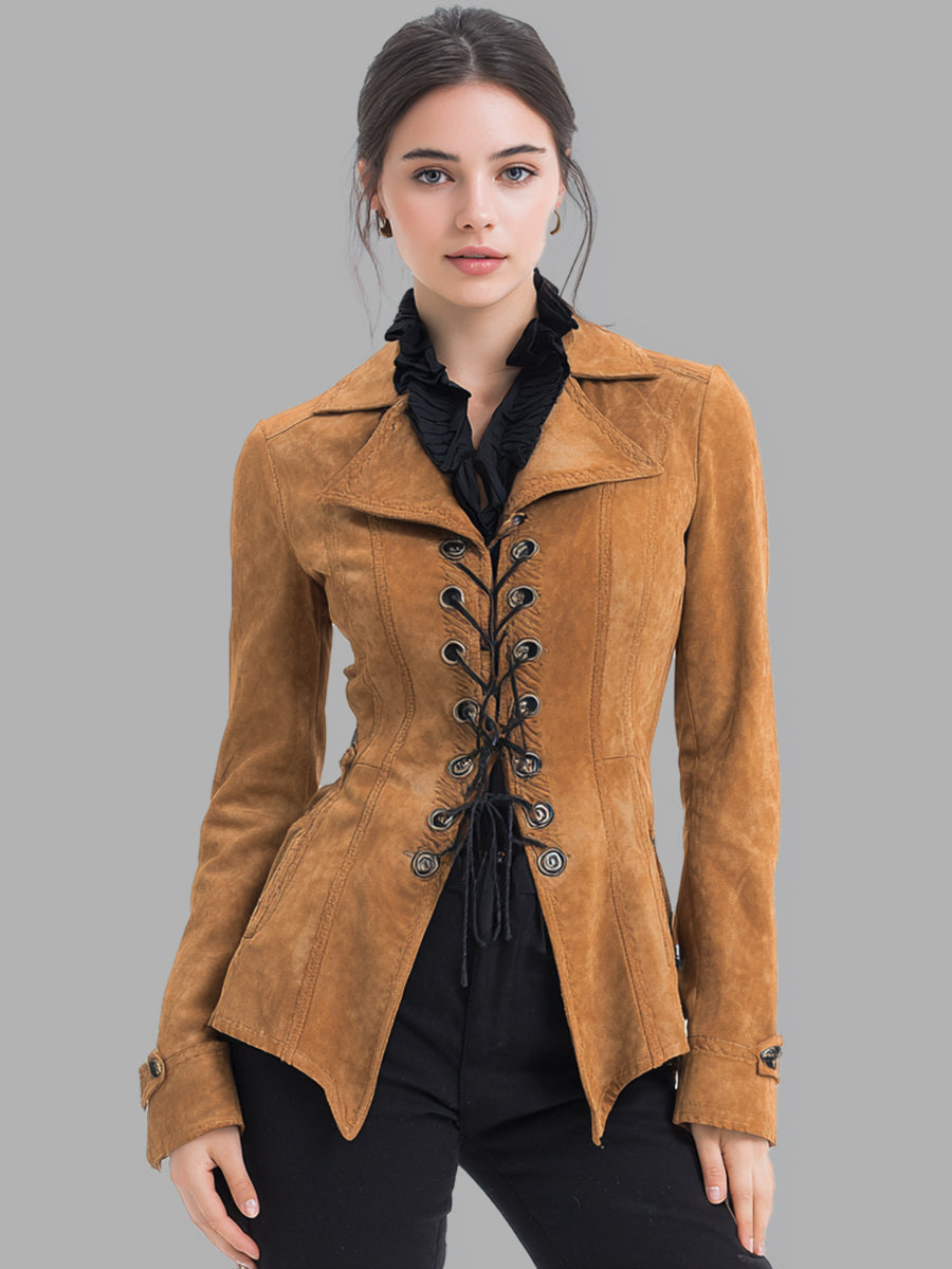 Ursiime Daily Khaki Turndown Collar Long Sleeve Lace Up Western Chamois Jacket [Pre-Order]