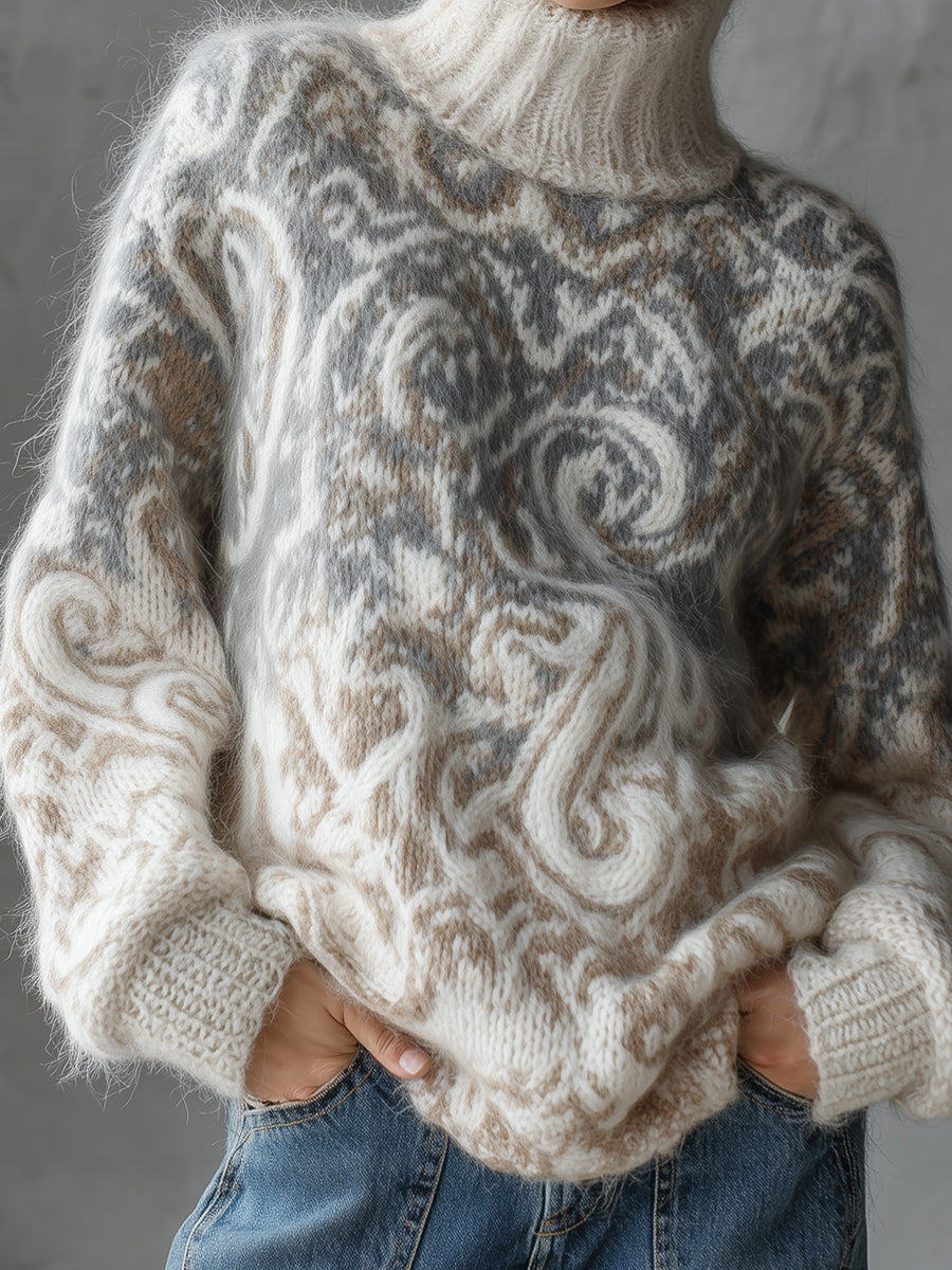 Ursiime Daily Crochet Grey Paisley High Collar Long Sleeve Crochet Vintage Mohair Sweaters [Pre-Order]