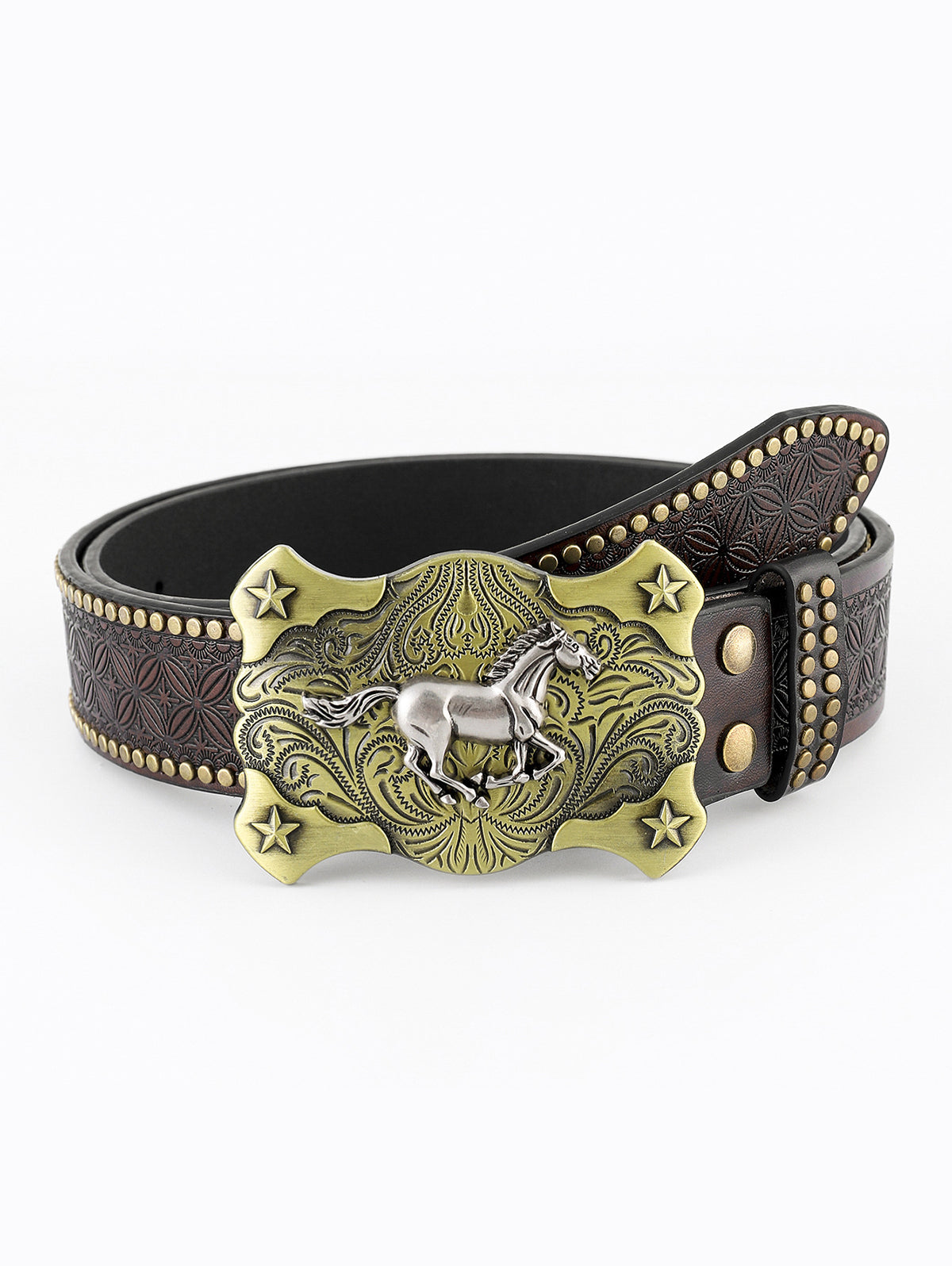 Western Metal Bull Head Beaded Embossed PU Leather Belt