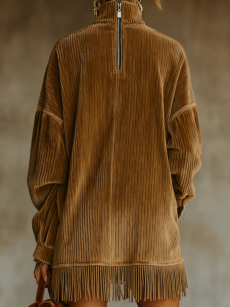 Ursiime Daily Brown High Collar Lantern Sleeve Long Sleeve Strappy Vintage Pocket Corduroy Mini Dresses [Pre-Order]