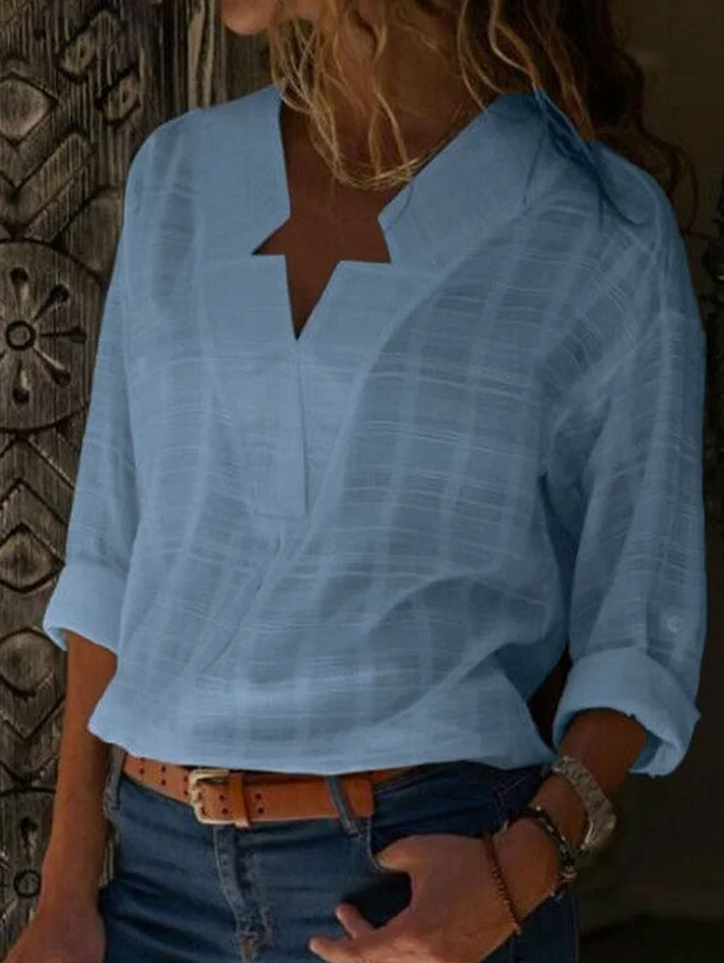 V Neck Long Sleeve Solid Color Shirts