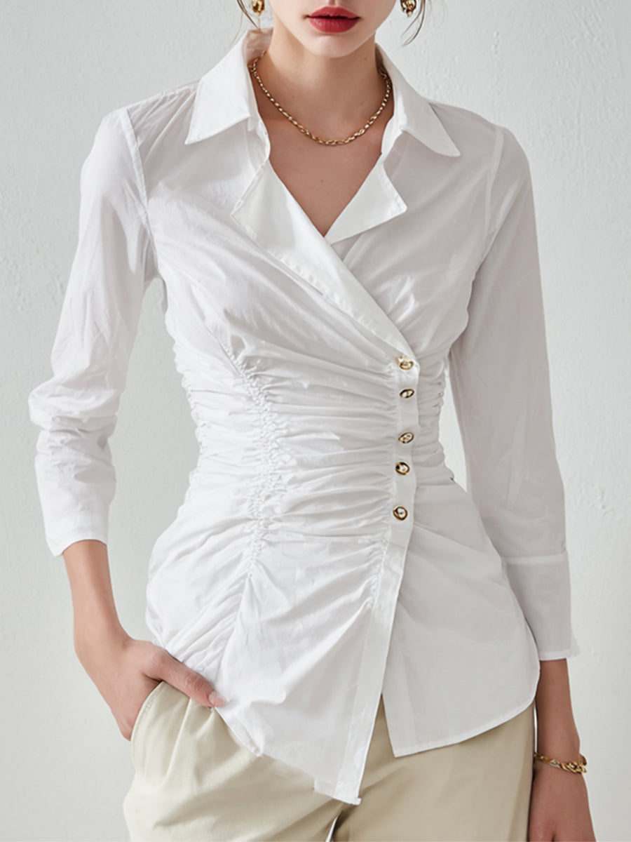 Ursiime Business Casual White Shirt Collar Long Sleeve Fold Elegant Shirt