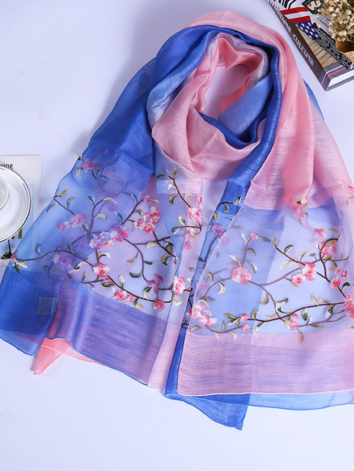 Daily Silk Gradient Floral Embroidery Rectangular Scarf