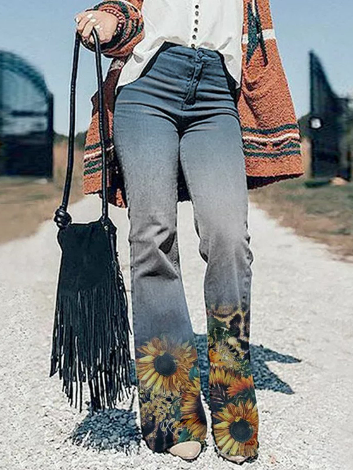 Casual High-rise Floral Pattern Flare Leg Jeans