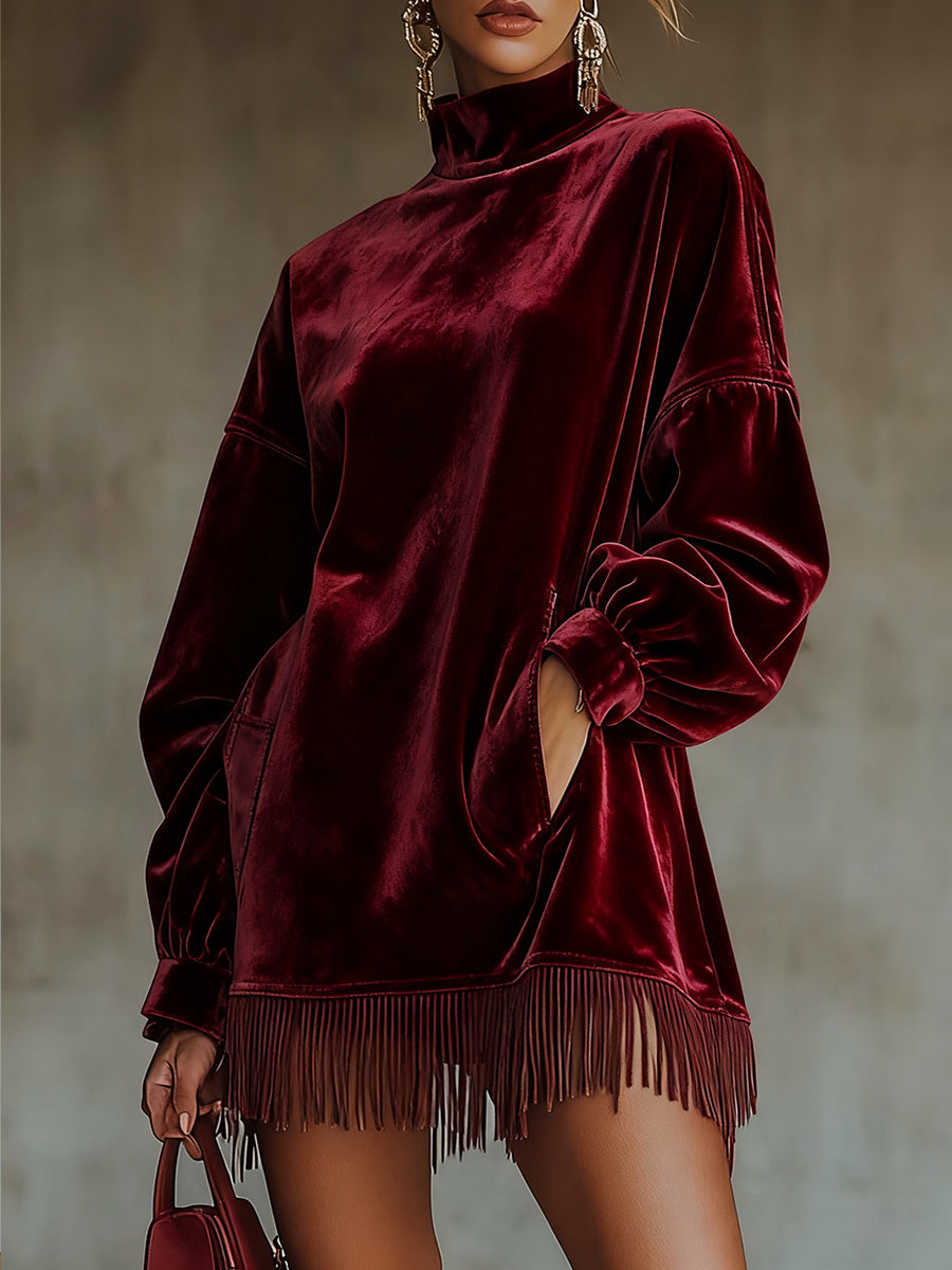 Ursiime Party Burgundy High Collar Long Sleeve Strappy Elegant Pocket Velvet Mini Dresses