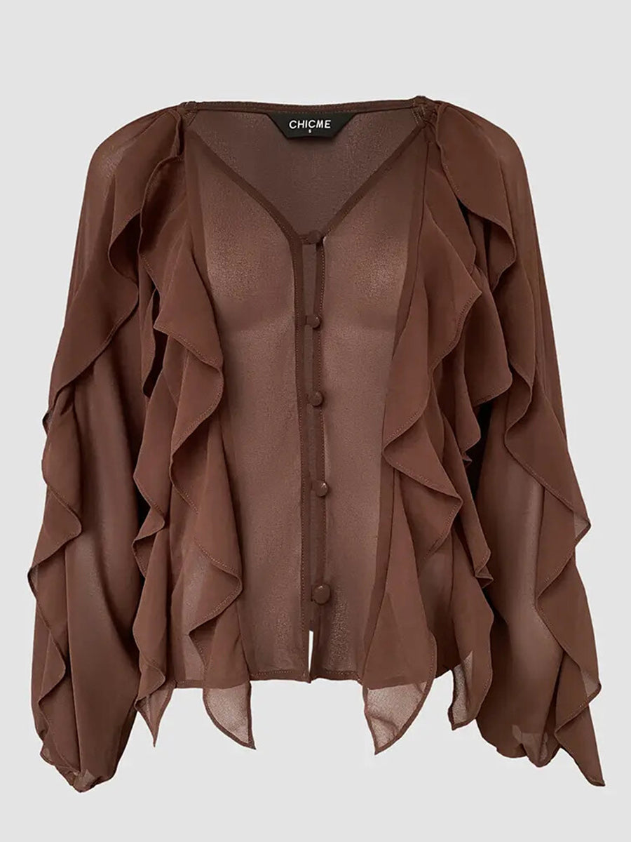 Daily Brown V Neck Long Sleeve Ruffle Casual Chiffon Blouses