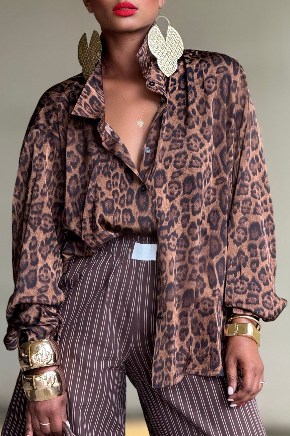Ursiime Design Daily Brown Leopard Shirt Collar Long Sleeve Pocket Vintage Blouses [Pre-Order]