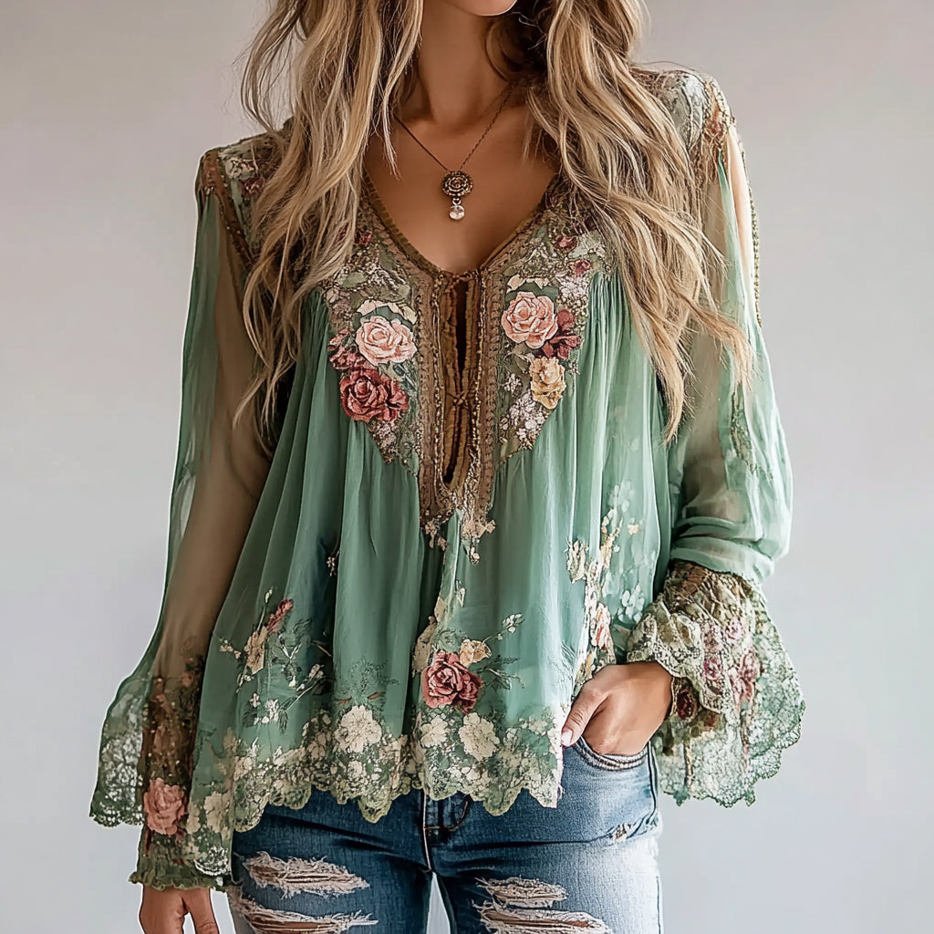 Ursiime V Neck Long Sleeve Floral Pattern Asymmetrical Hem Blouse