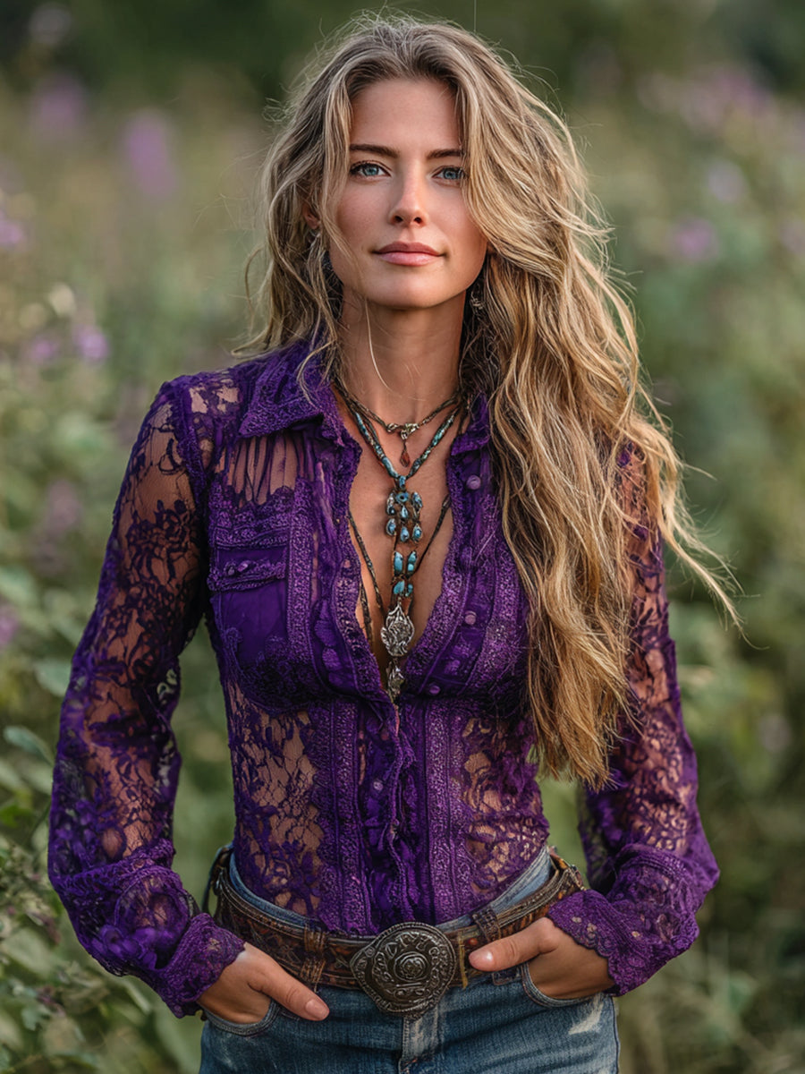 Ursiime Boho Grape See-Through Lace Long Sleeve Button Blouse