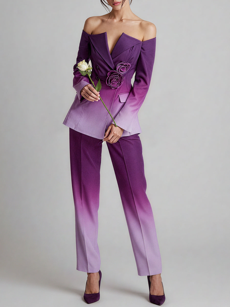 Ursiime Cocktail Party Purple Gradient Off The Shoulder Long Sleeve 3D Elegant Two Piece Pant Suits