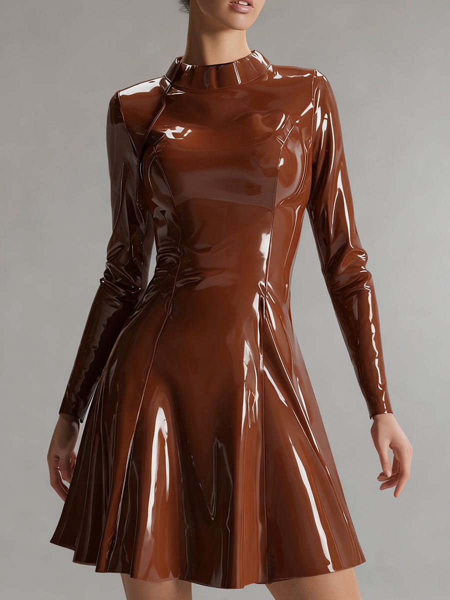Ursiime Party Brown Mock Neck Long Sleeve Elegant PU Leather Mini Dresses
