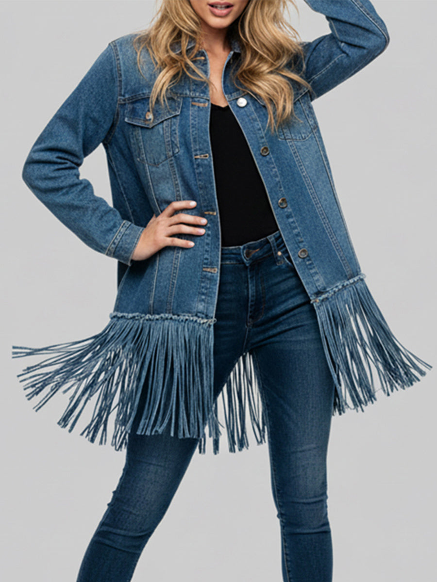 Ursiime Daily Light Blue Shirt Collar Long Sleeve Strappy Casual Denim Jacket