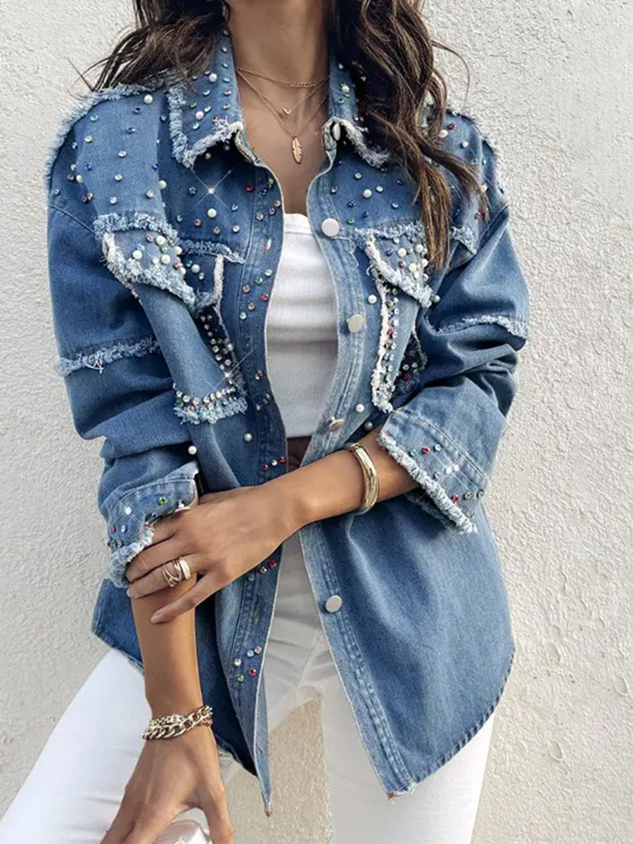 Casual Blue Denim Rhinestone Beaded Raw Edge Flap Pocket Long Sleeve Jacket
