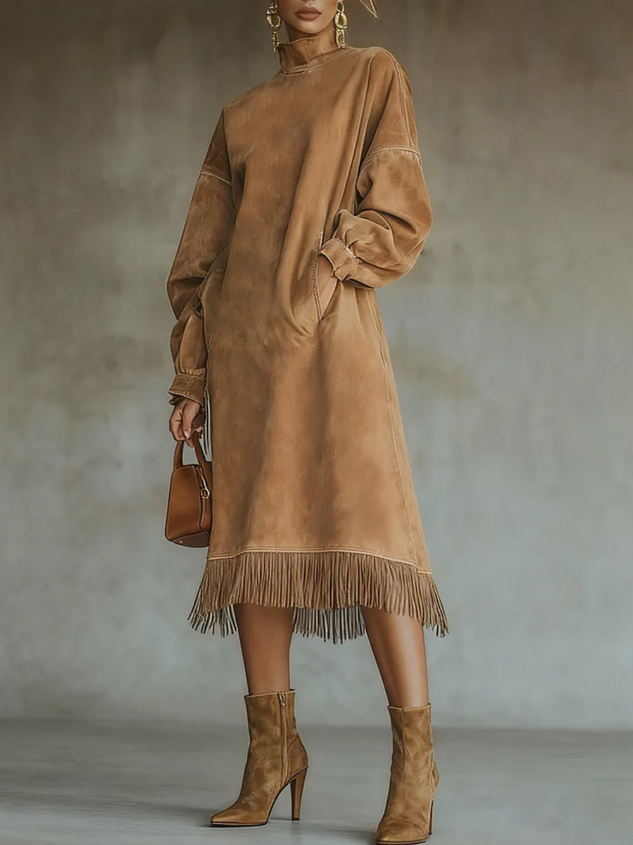 Ursiime Festival Brown High Collar Long Sleeve Strappy Vintage Pocket Chamois Midi Dresses