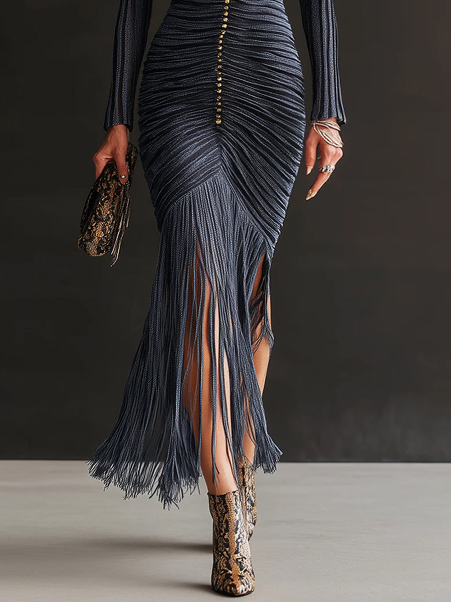 Ursiime Formal Navy Blue Patchwork V Neck Long Sleeve Strappy Casual Fold Metallic Knit Midi Dresses