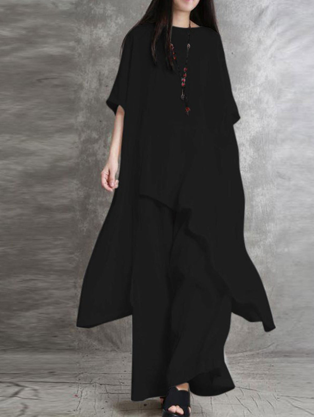 Minimalist Plain Half Sleeve Loose Asymmetrical Shirt & Pants 2Pcs Set