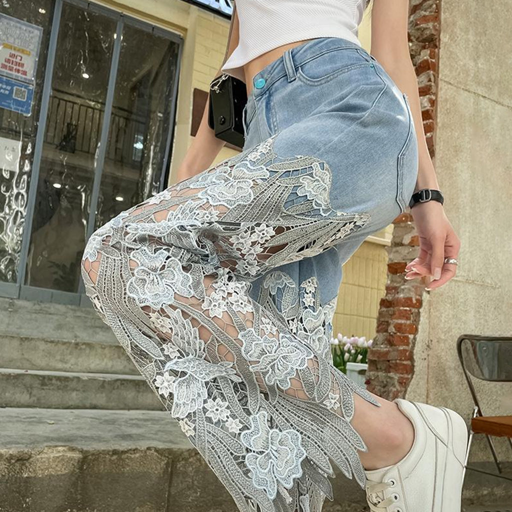 Casual Floral Lace Patchwork Hollow Out Straight Denim Jeans