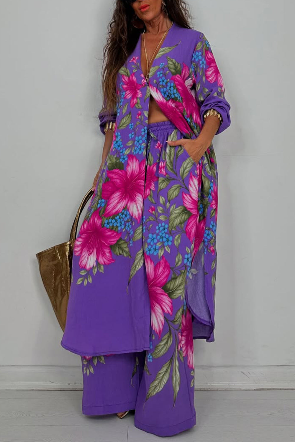 Ursiime Design Business Casual White Tropical Print Long Sleeve Pocket Casual Wide Leg Two Piece Pant Sets [Pre-Order]