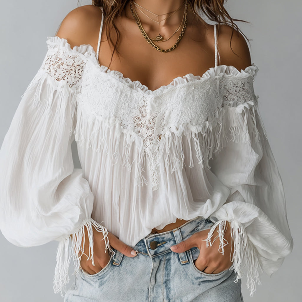 Ursiime Boho Lace Cold Shoulder Ruffled Lantern Sleeve Fringes Blouse