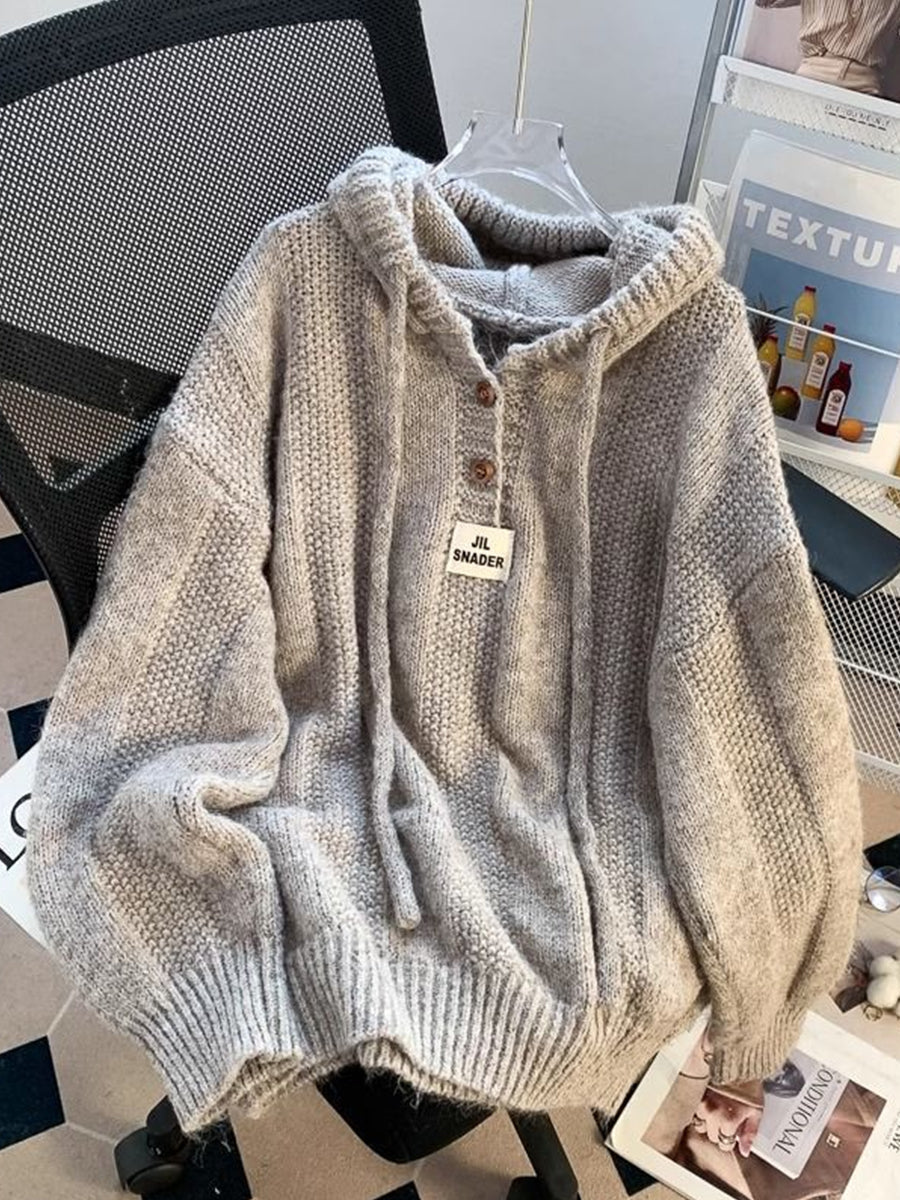 Casual Apricot Knitted Long Sleeve Half Button Drawstring Hooded Sweater