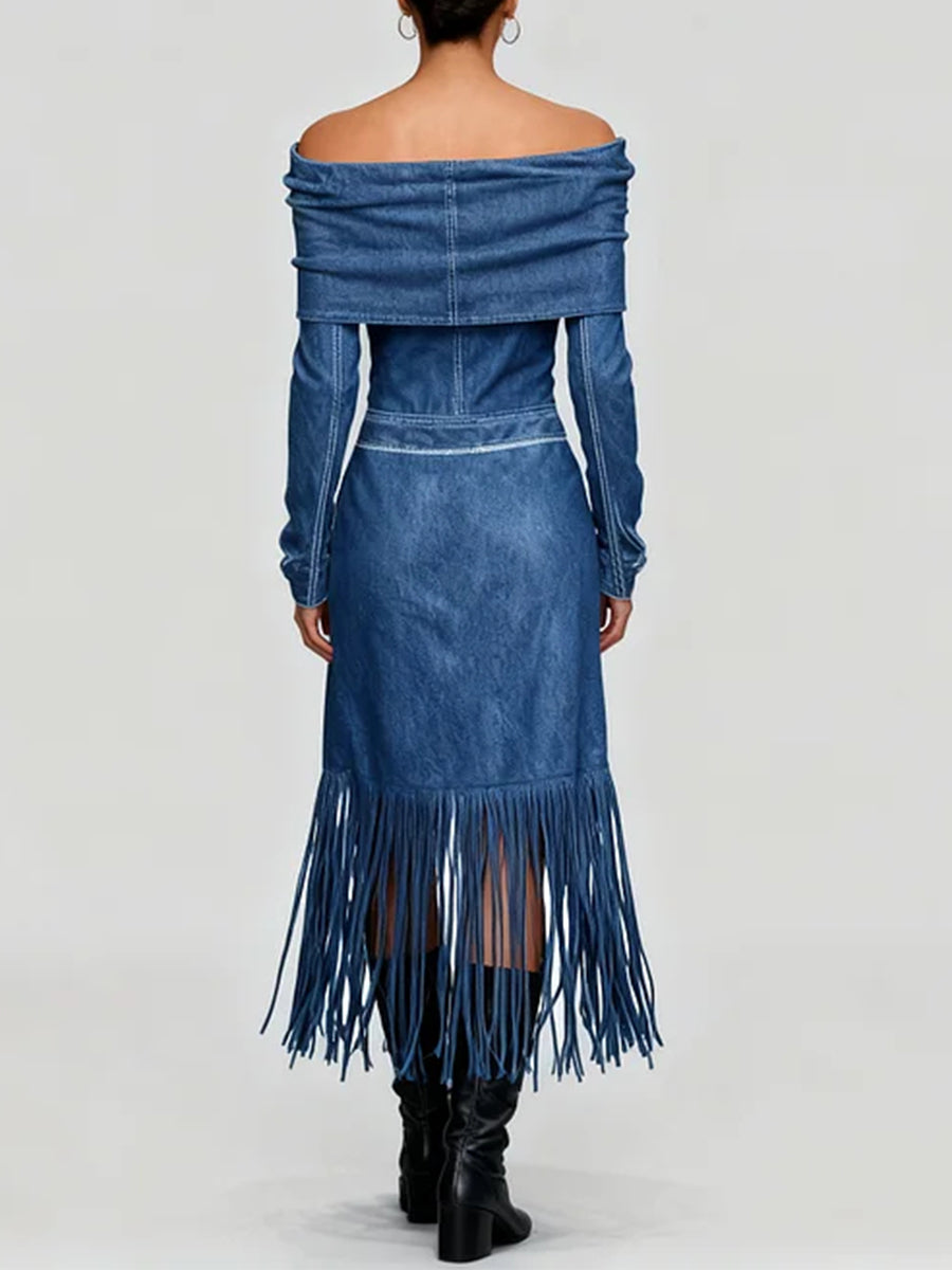 Ursiime Festival Blue Off The Shoulder Long Sleeve Strappy Western Pocket Tencel Denim Midi Dresses [Pre-Order]