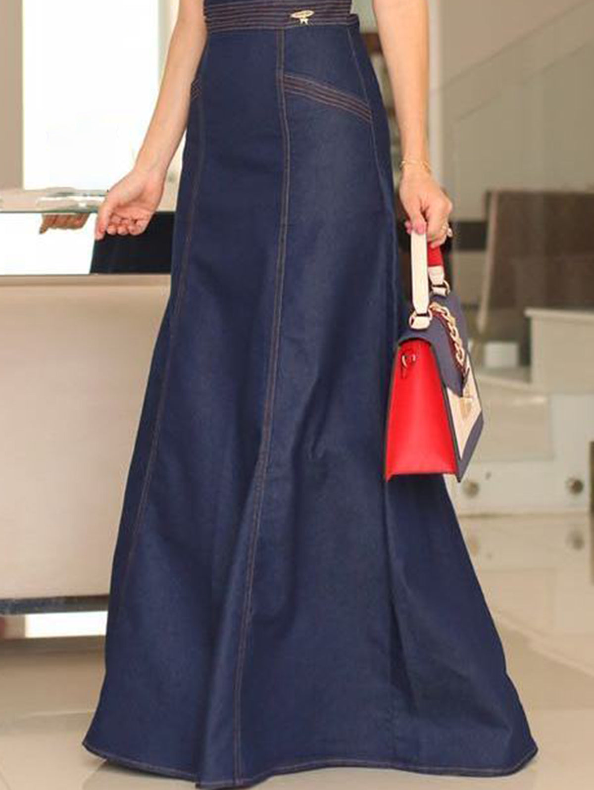 Daily Floral Embroidery Short Sleeve Cinch Waist Denim Maxi Dress