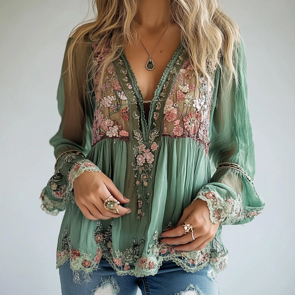 Ursiime Floral Pattern V Neck Semi-Transparent Long Sleeve Blouse