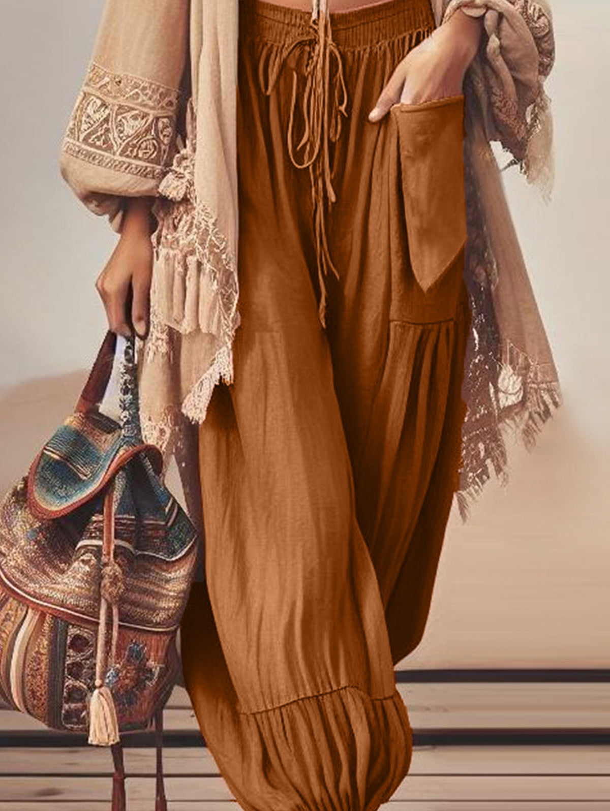 Retro Solid Color Drawstring Waist Pocket Bloomers Pants