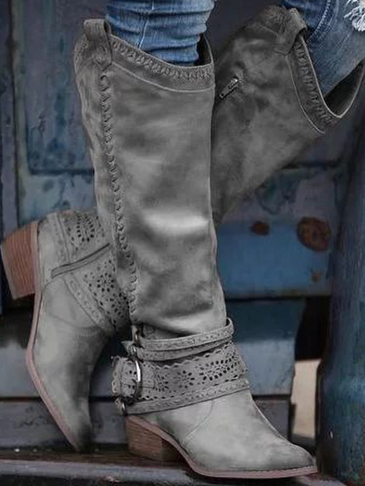 Vintage Lace Belt Buckle Pointy Toe Cowgirl Knee High Boot